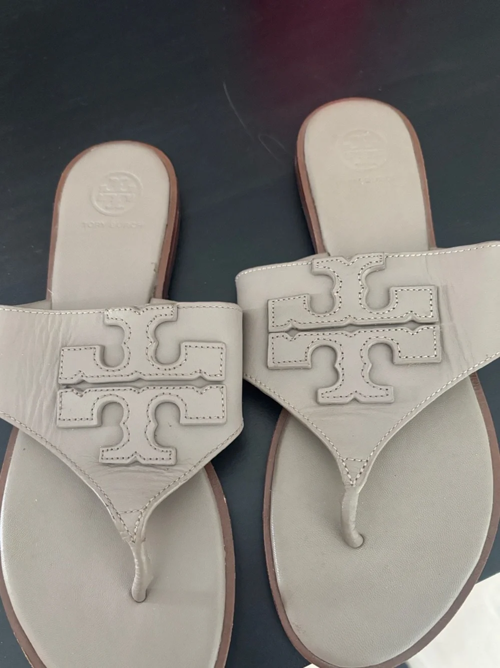 Tory Burch Neutral Leather Logo Thong Sandals